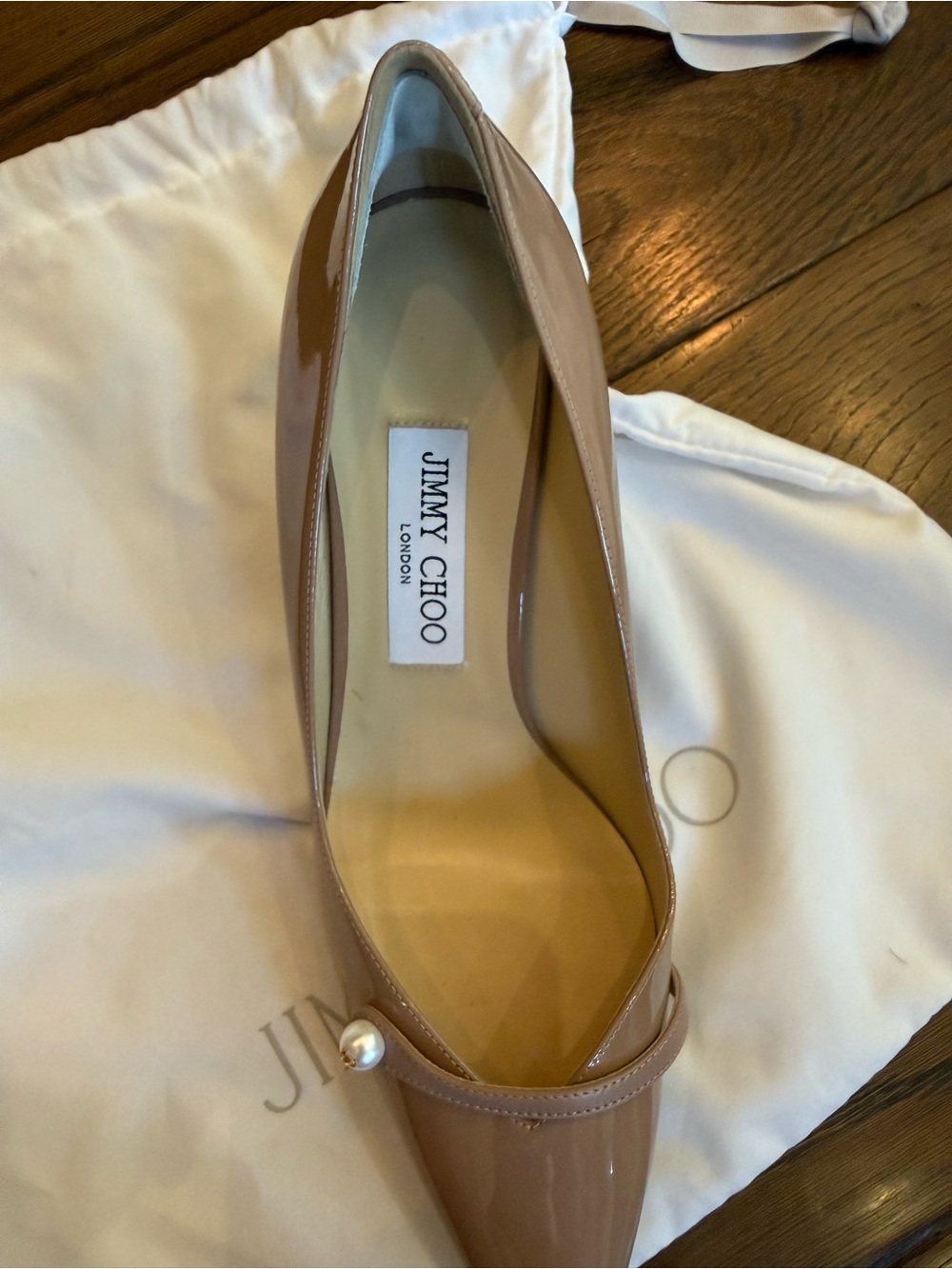 Jimmy Choo Blush Patent Leather Pointed-Toe Pumps with Pearl Strap - Picture 6 of 8